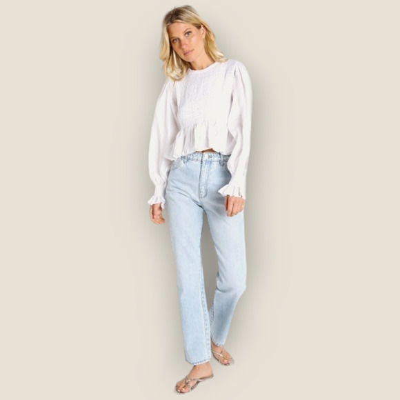 Faithfull the Brand Savita Smocked Linen Puff Sleeve Open Back Top White Small - Picture 12 of 14